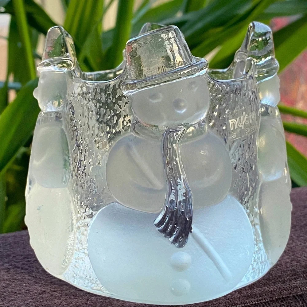 Nybro Sweden Crystal Glass Snowman Christmas Candle Holder Votive Tea Light